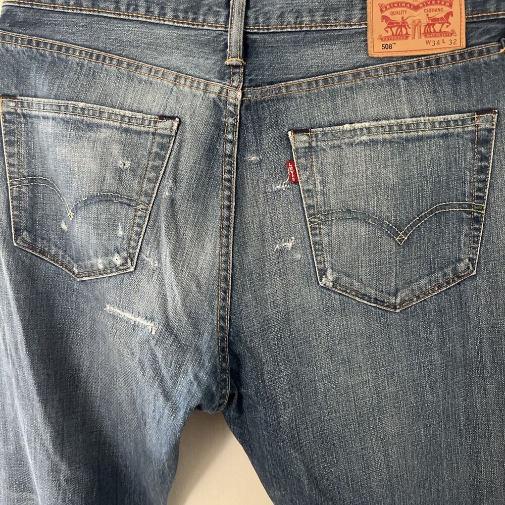 Levis 508 Jeans Mens 34x32 Blue Denim Wash-ripped Tapered Straight Leg Zip Fly